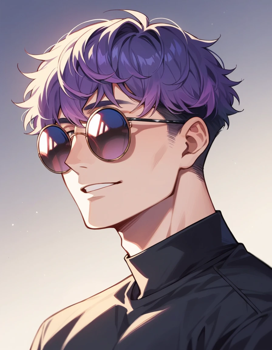 アニメ, best qualityer, white male, purple gradient hair,  black jersey, round sunglasses, Grinning, with background in Paris at night 