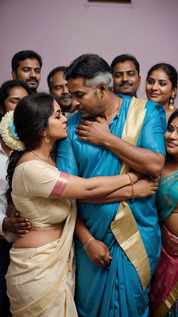 A 50-year-old man affectionately hugging and kissing on lips of a radiant, full-figured South Indian 45 year old very beautiful bride wearing a cream silky saree and blue blouse in office, other people cheering next to them, captured in a full-body image with vibrant hues and meticulous details. Full body image