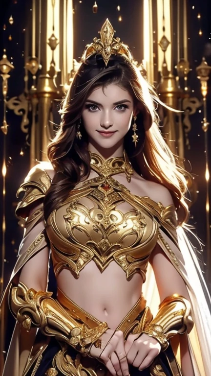 (RAW shooting:1.5, Photoreal:1.5, 8k, highest quality, masterpiece, ultra high resolution), medieval europe, world of magic and swords, perfect dynamic composition:1.2, Mysterious:1.3, Highly detailed skin and facial textures:1.3, cute and sexy slim female warrior, beautiful and aesthetic:1.2, cute and sexy beauty, perfect style, wear elaborate rings, hold up a great sword, Standing in honor:1.2, fire, water, Wind, thunder, ice, Fair skin, very beautiful face, (Medium chest, Chest gap), (embarrassing smile, The expression on your face when you feel intense caress, Facial expression when feeling pleasure), (sexy gold metallic armor:1.1, off shoulder, Navel exposure), (beautiful blue eyes, Eyes that feel beautiful eros:0.8), (Too erotic:0.9, Bewitching:0.9), full body shot, Ancient castle in the background