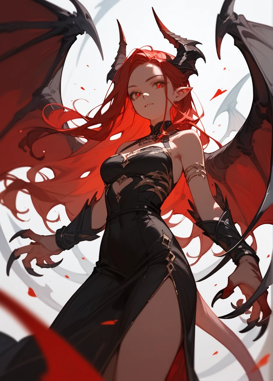 (check_9,check_8_up,check_7_up),1 girl,demon girl,Red hair,Red eyes,wings,claws,black dress,Beautiful_face,