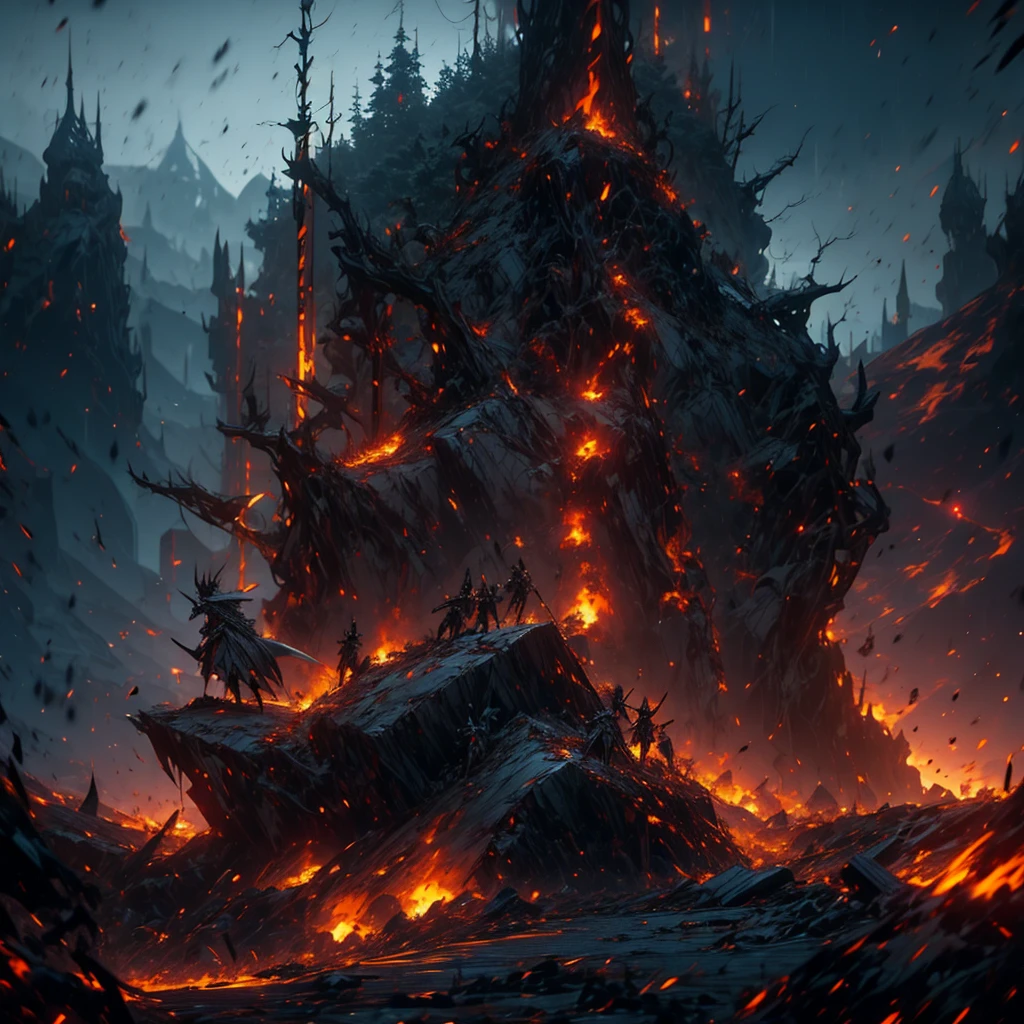 "devastated battlefield, with elves facing dark elves. Several bodies of elves and dark elves scattered across the ground, with broken weapons and damaged shields around. The scenery is bleak, with a cloudy and gray sky, destroyed trees and smoke rising from the flames in the background. Details of elaborate elven armor, contrasting with the dark and rustic armor of the dark elves. Expressions of determination and despair on the faces of the surviving warriors, while the battle still echoes in the distance."