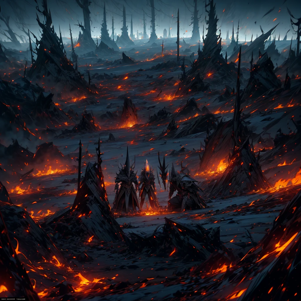 "devastated battlefield, with elves facing dark elves. Several bodies of elves and dark elves tered across the ground, with broken weapons and damaged shields around. The scenery is bleak, with a cloudy and gray sky, destroyed trees and smoke rising from the flames in the background. Details of elaborate elven armor, contrasting with the dark and rustic armor of the dark elves. Expressions of determination and despair on the faces of the surviving warriors, while the battle still echoes in the distance."