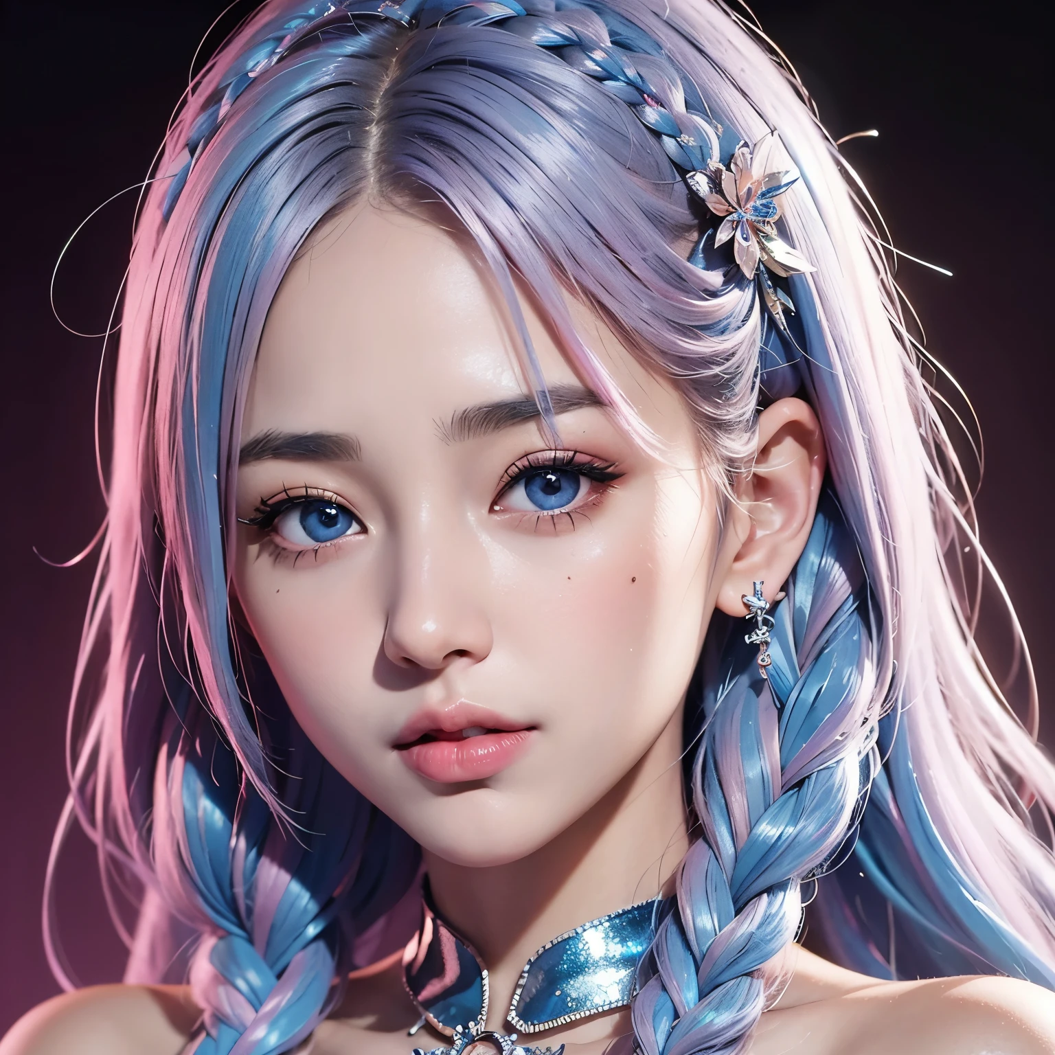1 girl, 25 years old, multi-colored hair, long hair, blue eyes, (detailed eyes), (beautiful detailed face:1.0), (realistic), single focus, single background, female focus, (masterpiece:1.0), (best quality:1.0), (8k wallpaper:1.0), perfect nose, no bra, perfect body, big breasts, prominent collarbone,