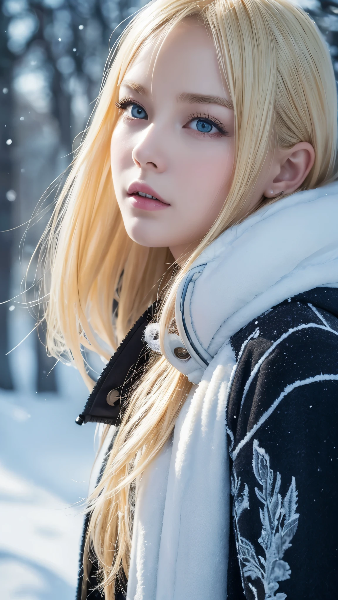 (oil, masterpiece, Highest quality, Super detailed, Focus on the characters), Short blonde, ([return:0.8]|[ face facing returnwards:1.1]), Serious face, ([A cold scenario:1.2]|[ snowy returnground:1.3]| [High Contrast:1.1])  
