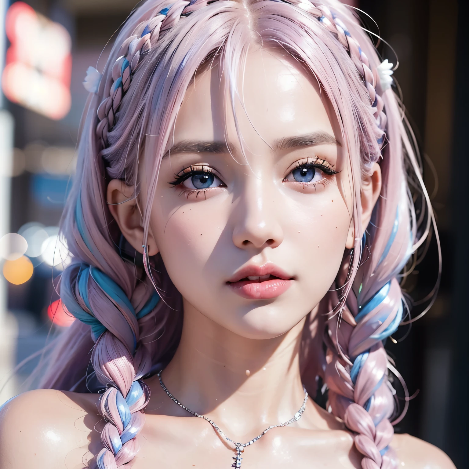 (best quality, 4k, Masterpiece, ultra detailed, hyperrealism, RAW quality), ((The face of the most beautiful young girl)), the most beautiful face ever created, gray-eyed princess, seductive look, ultra-detailed pupil, captivating, clean, perfect, (pink and blue hair, metallic details in hair braids), red lips, captivating, (luminous white henna dragon on neck), RAW quality,