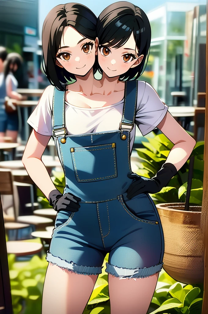 (16K), two headed girl, smiling, highres, masterpiece, ((black hair)),, ((different hair styles)), (childish personality), (brown eyes), ((denim overalls)), white shirt, ((slim hips)), casual dress, teenage girl, Beautiful girl with cute eyes, black gloves