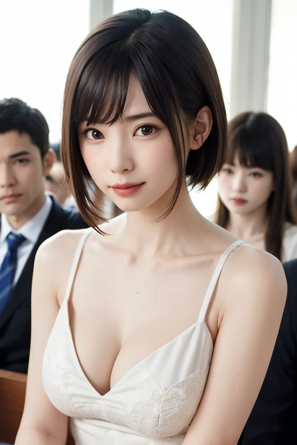 (masterpiece, Highest quality),One Girl, alone, hyper Realistic, Realistic,Realistic, Looking at the audience, Light brown eyes:1.4,Brunette Short Bob Hair with highly detailed shiny hair, Brightly colored winter clothes, Lepangas:1.4), Plein Air, Mouth closed, Upper Body、big chest eye、eyelash、{Hugeな|big chest|Hugeなな|Mega} chest:2, chestの谷間:2、{Huge|big|Hugeな|Mega} chest, chestの谷間、(((big chest eye、Short Bob Hair、Student Highlights、Gazing at the audience、She is very beautiful and cute、Listen carefully、Long neck、smile、Close your mouth and smile、Bangs and beautiful teeth、Perfect Anatomy)))、Ideal body type、(Snowy tree-lined road in winter in Norway)、美しいLong neck:1.4、