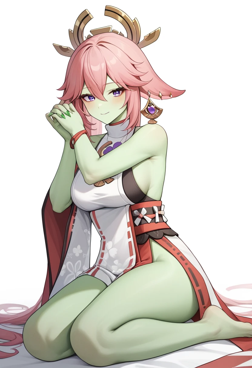 Fraction_9,Fraction_8_Direction_7_up,Bachong, Solitary, simple_background, 1 Girl, long_sleeve, Side Breast, Watching_exist_Viewer, White_background, sleeve_Past_wrist, high resolution, absurd,Sharp nails，Green nails，Skin of color，Green Skin，Barefoot，Green Skin，Show your thighs，Green Skin，whole body，Green Skin，Zombification，Green Skin，坐exist床上，Stretch your hands forward