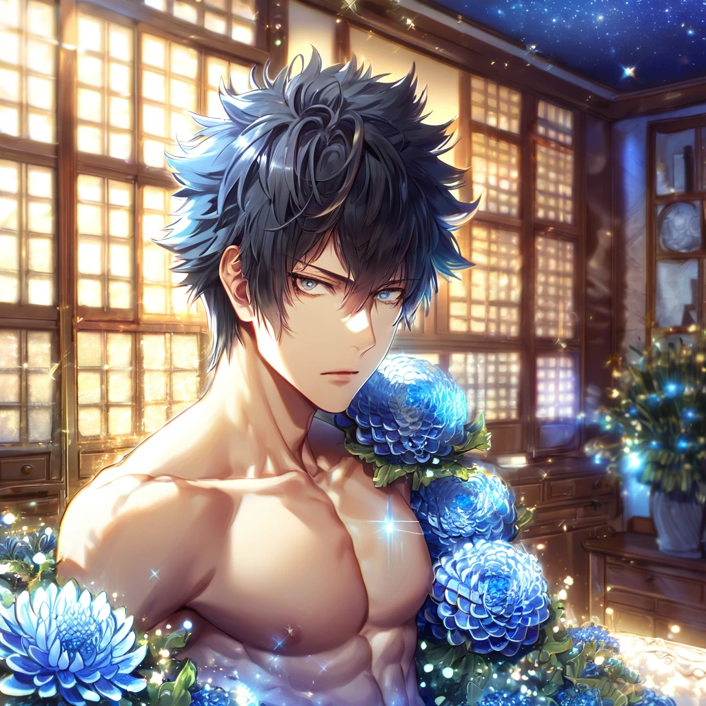 absurdres, highres, ultra detailed, HDR, master piece, best quality, extremely detailed, Kougami Shinya, black hair, expressive gray eyes, solo, sexy man, handsome, Psycho Pass, toned chest, bare chest, sensual, fantasy, room, sparkling, blue glittering fireflies, blue moon, blue blossoms, blue chrysanthemums, blue sparkling lights, starry sky, magical