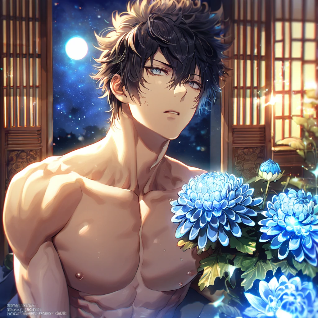 absurdres, highres, ultra detailed, HDR, master piece, best quality, extremely detailed, Fushiguro Touji, straight black hair, expressive green eyes, Jujutsu Kaisen, solo, sexy man, handsome, smile, toned chest, bare chest, without shirt, white baggy pants, fantasy, sparkling, silver glittering fireflies, silver moon, silver blossoms, silver chrysanthemums, silver sparkling lights, room, silver petals, magical