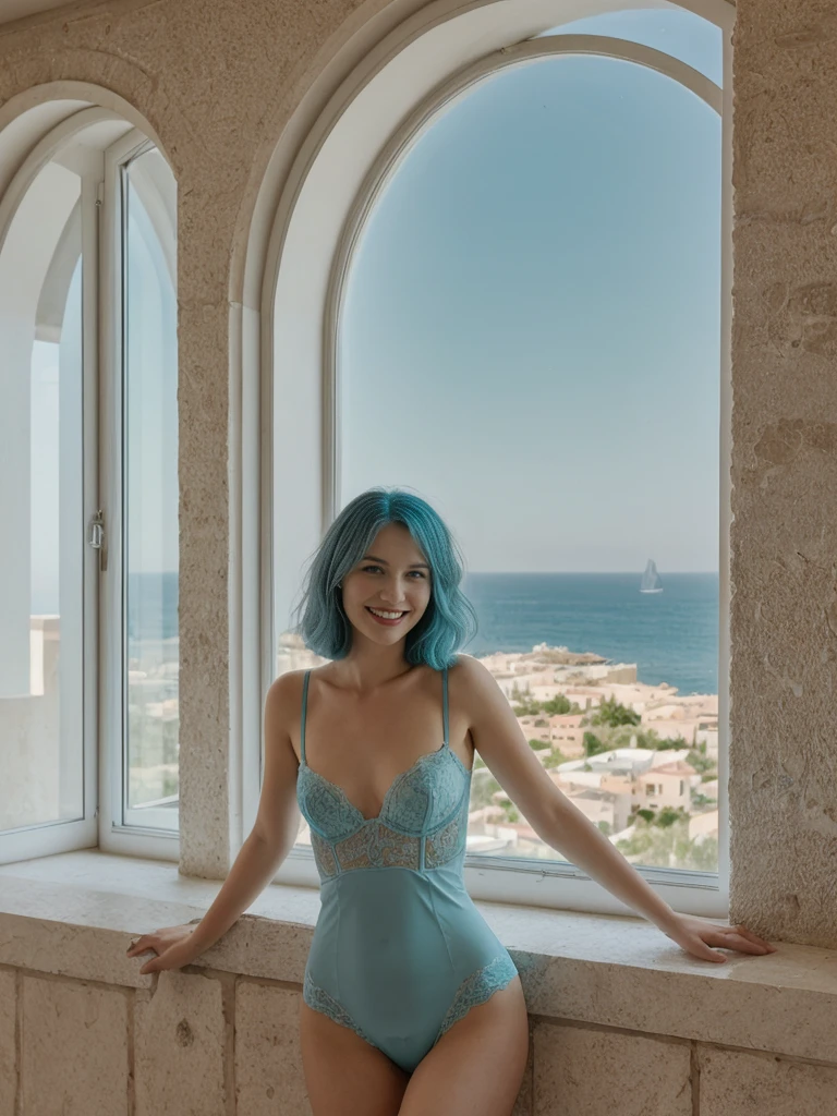 her name is Amelie, high quality, 1girl, ((25-year-old fit Caucasian woman)), ((25 years old)), ((BODY TYPE: HOURGLASS)), ((Teal COLORED Hair)), smiling, pose: SEXY BOUDOIR POSE, wearing Well-dressed ULTRA MODERN LINGERIE, BACKGROUND: "A glamorous villa with modern decor, open living spaces, and large windows offering views of the Mediterranean Sea."