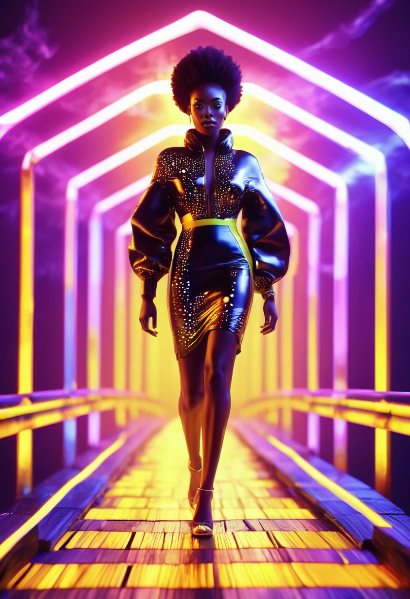 A black woman dressed in african designed cotton clothes and high heels, walking on a floating wooden bridge in outer space, bridge lit by yellow neon lights, the bridge connecting to a white planet portal, beautiful neon lit stars shining iridescent light particles in the scene, 32k, ultra HD,  unreal engine rendered, beautiful and vibrant scene. Cinematic film still, shot on v-raptor XL, film grain, vignette, color graded, post-processed, cinematic lighting, 35mm film, live-action, best quality, atmospheric, a masterpiece, epic, stunning, dramatic