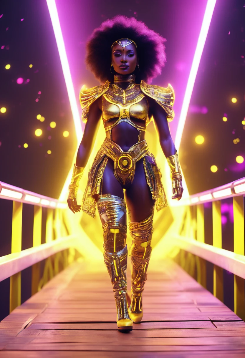 A black woman dressed in african designed cotton clothes and high heels, walking on a floating wooden bridge in outer space, bridge lit by yellow neon lights, the bridge connecting to a white planet portal, beautiful neon lit stars shining iridescent light particles in the scene, 32k, ultra HD,  unreal engine rendered, beautiful and vibrant scene. Cinematic film still, shot on v-raptor XL, film grain, vignette, color graded, post-processed, cinematic lighting, 35mm film, live-action, best quality, atmospheric, a masterpiece, epic, stunning, dramatic