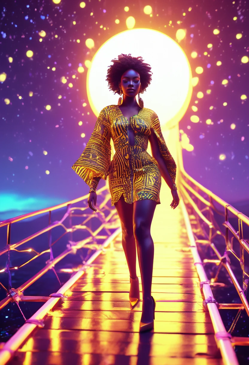 A black woman dressed in african designed cotton clothes and high heels, walking on a floating wooden bridge in outer space, bridge lit by yellow neon lights, the bridge connecting to a white planet portal, beautiful neon lit stars shining iridescent light particles in the scene, 32k, ultra HD,  unreal engine rendered, beautiful and vibrant scene. Cinematic film still, shot on v-raptor XL, film grain, vignette, color graded, post-processed, cinematic lighting, 35mm film, live-action, best quality, atmospheric, a masterpiece, epic, stunning, dramatic