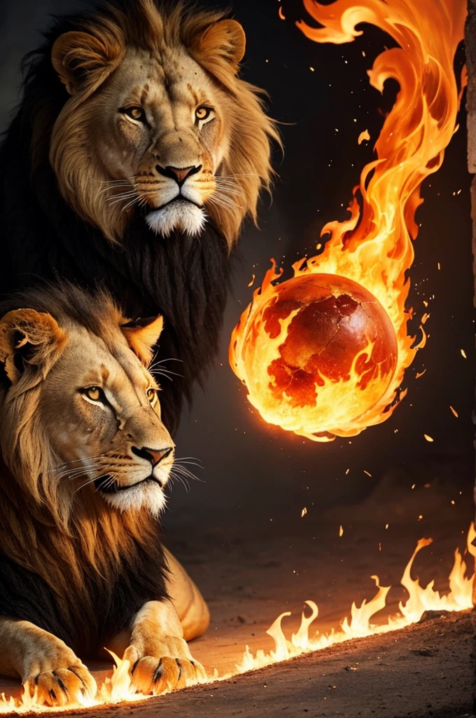 I want an image of a flame that never goes out A huge and strong flame and A lion with a fiery background too