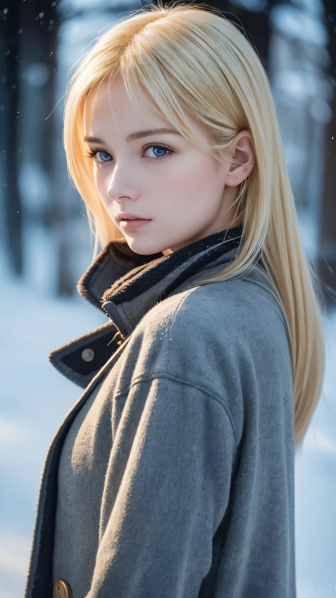 (oil, masterpiece, Highest quality, Super detailed, Focus on the characters), Short blonde, ([return:0.8]|[ face facing returnwards:1.1]), Serious face, ([A cold scenario:1.2]|[ snowy returnground:1.3]| [High Contrast:1.1])  