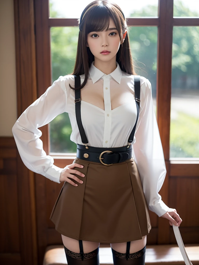 masterpiece、first-class、Ultra high definition、、colorful、Flat Color、Depth of written boundary、lens flare 1 person　girl、、Light brown hair、Spectator Holster Bobby Cutter Shirt Belt Suspenders Working Adult Materia OL Big Breasts　Cleavage　Wide pelvis and thighs　Crotch gap mini skirt, garter belt, knee-high stockings, black knee-high socks, waiting to start 