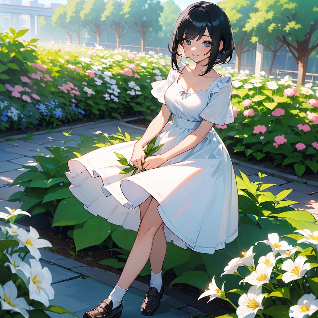 (high quality, High resolution, Very detailed, reality:1.37), Peaceful atmosphere, (Outdoor, garden),  girl standing alone, (my breasts are big.), Beautiful details, Cute Smile, (Black bob hair), White camisole dress, White socks, loafers.