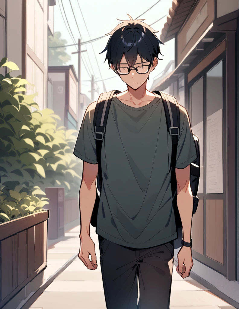 16-year-old teenage boy, long black shoulder-length hair, wearing a dark blue and prescription glasses, wearing silver earrings, with a backpack, walking alone and with his head down