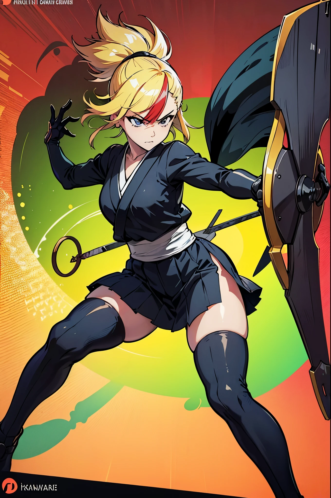 a drawing of a woman in a black outfit holding a sword, blonde, cute, inspired by Kusumi Morikage, inspired by Kanō Hōgai, inspired by Kano Sanraku, inspired by Kawabata Ryūshi, Female Samurai, Japanese anime style, anime style character