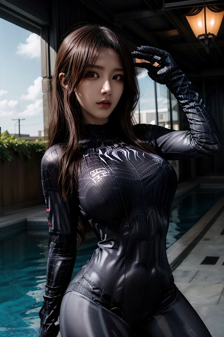 Sexy dominant look in black spiderman pvc bikini、Realistic long-haired brunette model, 23 years old, Black satin gloves included. She has a big black satin ribbon around her neck.。.