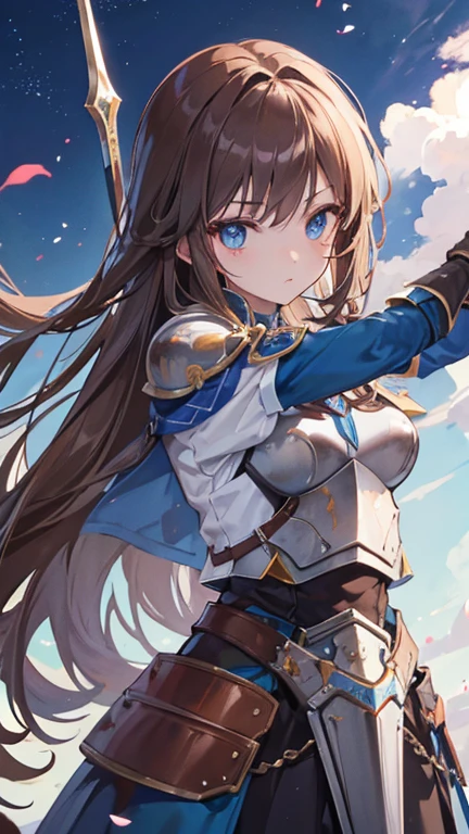 (masterpiece, best quality), 1girl, long brown hair, blue eyes, wielding excalibur, iron knight armor, iron crown, 