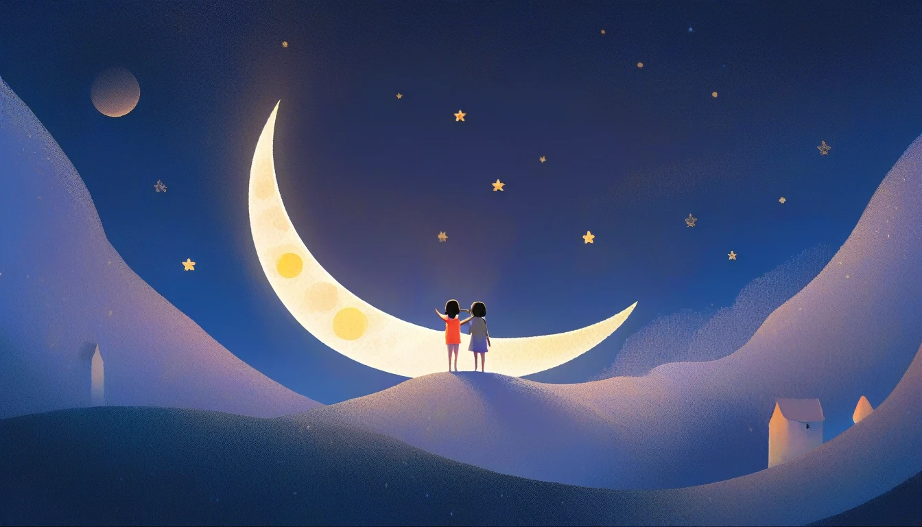 moon with star in night sky, no human, NO HUMAN, 2 d gouache illustration, 2 d illustration, 2d illustration, official art, colorful kids book illustration, kids book illustration, inspired by Goro Fujita, promotional art, illustration for children, by Choi Buk, by Murakami, 2d digital illustration