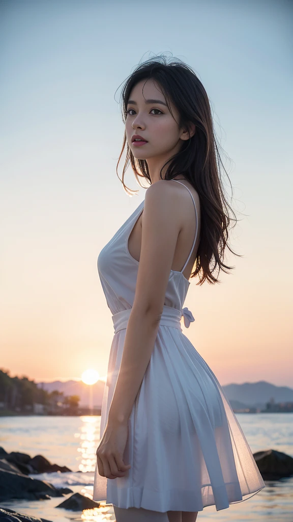 Mustepiece, top quality, illustration, ultra-definition, fine details, high resolution, 8K wallpaper, perfect dynamic composition, beautiful detailed eyes, wearing a dress, natural color lips, beach, random cute pose, perfect and beautiful face , cute, sexy face, sunset, ecstasy face, feminine face, expression of excitement from sex