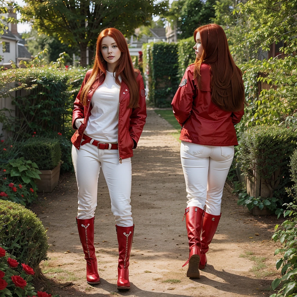 Create a realistic full-length photo of a red-haired curvy white woman with straight hair, dressed in red jacket pants and boots with hearts as if she were the daughter of the Queen of Hearts in a garden.
