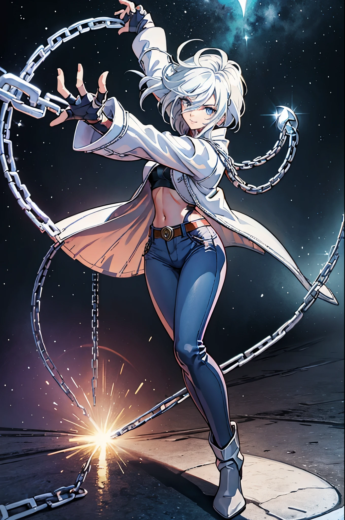 (masterpiece), best quality, silver eyes, perfect face, highres, 1girl, solo, angelms, white hair, white jacket, jeans, fingerless gloves, atacking pose, dancing around chains, evil smile, long boots, fanstasy background, cowboy shot, fullbody shot, looking at the viewer, from front, holding chains, long chain  whip