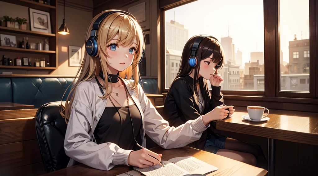 Girl with headphones enjoying music in a cafe　I am studying　Emphasize a little bit of the chest