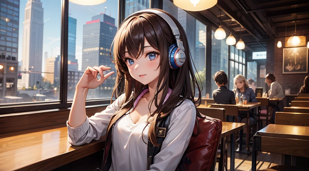 Girl with headphones enjoying music in a cafe　I am studying　Emphasize a little bit of the chest