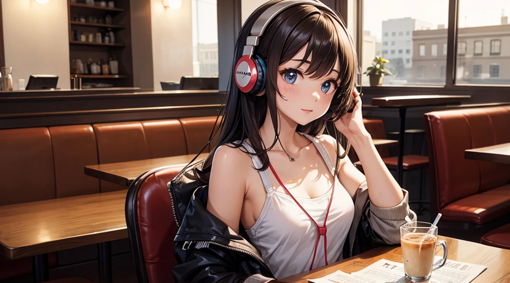 Girl with headphones enjoying music in a cafe I am studying Emphasize a little bit of the chest