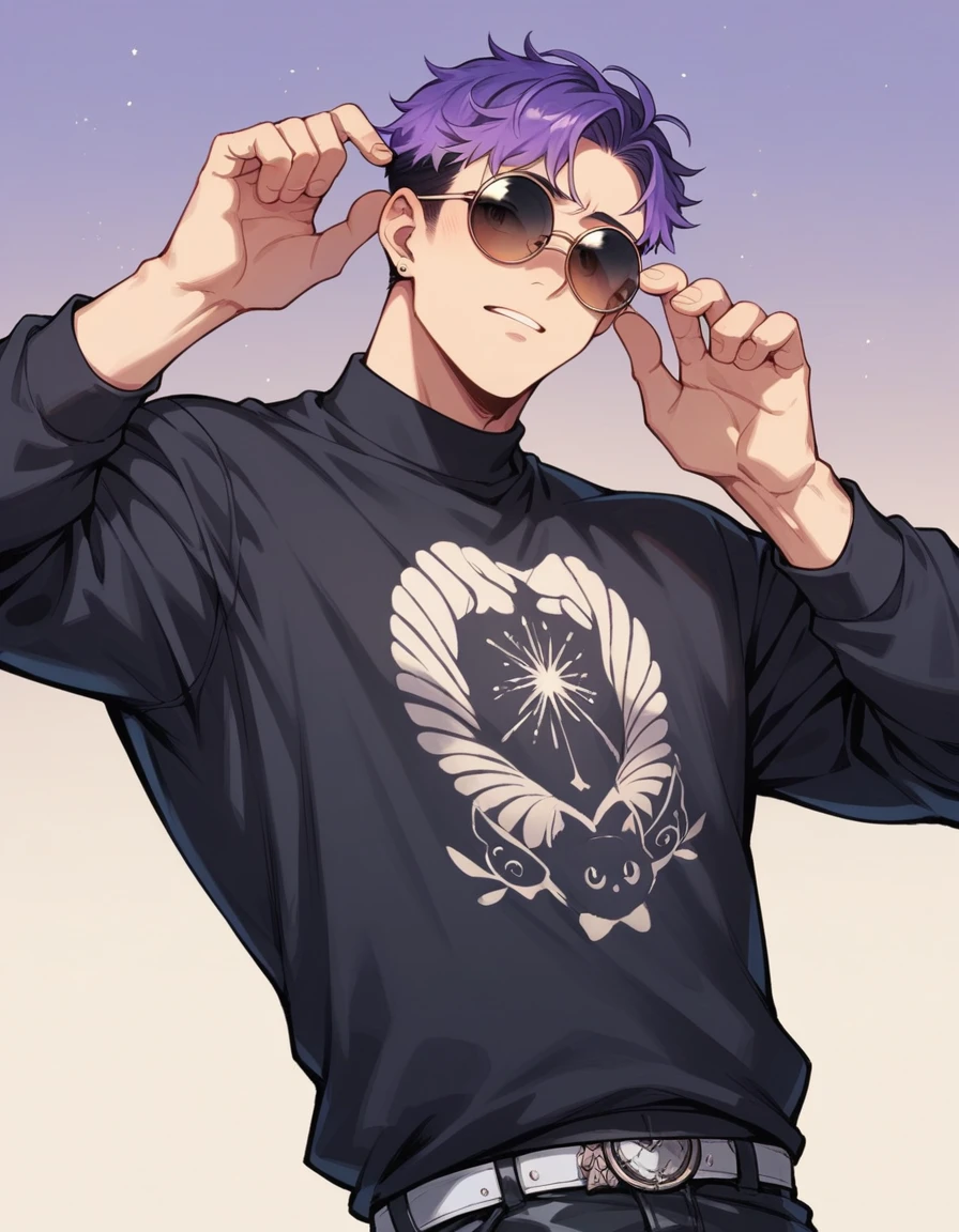 アニメ, best qualityer, white male, purple gradient hair, black jersey, round sunglasses, Grinning, with background in Paris at night