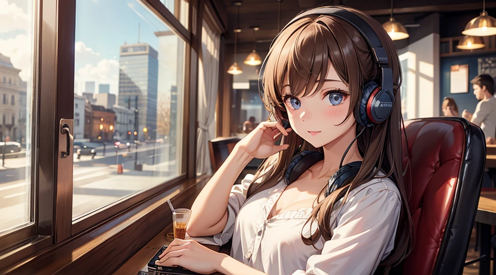 Girl with headphones enjoying music in a cafe I am studying Emphasize a little bit of the chest