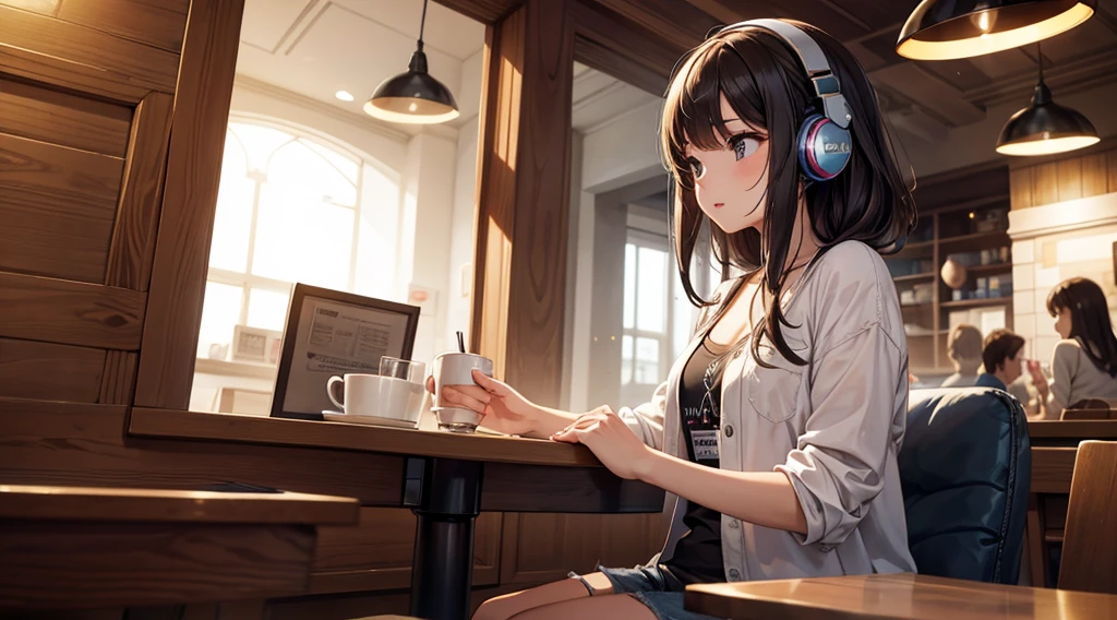 Girl with headphones enjoying music in a cafe　I am studying　Emphasize a little bit of the chest