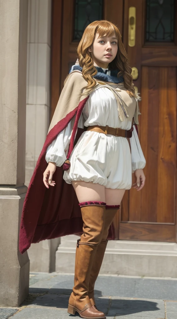 Highest quality、Highest quality、16k quality、Highly detailed figure、Highly detailed face、Highly detailed eyes、Highly detailed nose、Highly detailed facial expressions、Highly detailed costume、Very high quality costume、Highly detailed hourglass shape、Highly detailed feet、Highly detailed thighs、Being in reality、16-year-old girl、Mimosa Vermillion、main character、Brown Hair、White knit long sleeves、A white knitted breast protector that covers the entire chest、Brown leather belly-only clothing、服の上からYou can see the shape of the chest、Light brown、Chest-length、Poncho type、Wearing the cloak of the Magic Knights、With Magic Knights emblem、One of her breasts is visible through the gap in her cloak.、Close to the skinする服、White knit shorts、Emphasizes the shape of the chest、Brown leather thigh-length boots、Her thighs are visible between her shorts and boots.、You can see the shape of the chest、F cup bust size、Big Breasts、Close to the skin、Tight、Full body photo、Are standing、Emphasizes the beauty of thigh muscles、Full body photo、Front view、