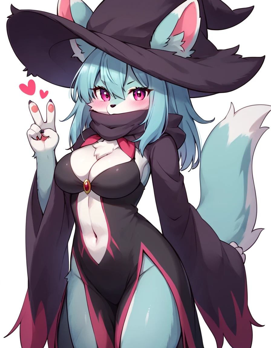 ((masterpiece)), ((best quality)), ((kemono)), ((furry)), score_9, score_8_up, score_7_up, score_6_up.
BREAK
A tall and athletic woman named Catress stands confidently, emitting a powerful and menacing aura. She has long, straight blue hair with purple hues that cascades down her back. Her face is oval-shaped with expressive features, and her large violet eyes sparkle with determination. She wears a form-fitting suit with a V-neck down to her navel (resembling a witch's outfit) with armor pieces in dark tones with bright purple and red accents, she wears a dark purple scarf that covers her mouth. The costume highlights her strong, athletic physique and adds to her intimidating appearance. The background is a soft blurred gradient to keep the focus on her impressive figure.