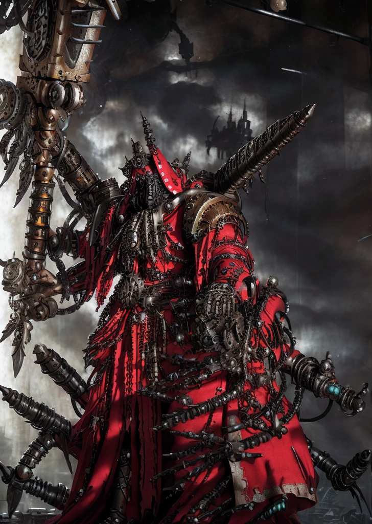 make a warhammer 40k rpg character, naughty man, adeptus mechanicus warhammer 40k, warrior monk, imponent pose, wearing battle armor, heavy armor, priestly vestment ( detailed outfit), holding a war staff, filled with implant, dark cathedral background (detailed back ground), robotic priest with armor.  