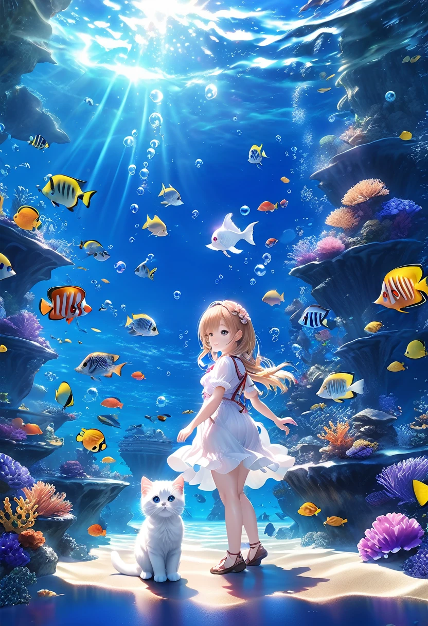 (Panorama, center, masterpiece, highest quality: 1.2), (8K、Raw photo、highest quality、look up:1.2、masterpiece:1.2、Genuineistic、Ultra-high resolution、High Contrast、Photon Mapping、Genuine、Very detailed、Official Art, Raw photo、professional Lighting、 Light、Vivid atmosphere、twiceLight) , (1 girl), (One white kitten), In the sea、A girl and a kitten、I see you standing looking up at the sea。In the sea,々Bubbles are bubbling。Different types、Colorful tropical fish swimming。You can see the corals and underwater plants。Even though it's underwater、As if you were on the ground。Captivating natural beauty,Shining Star Fragment, An atmosphere that exudes the excitement of adventure。An atmosphere that makes you feel happy and joyful。High Fantasy Worldview, Beautiful depiction of grand composition and proportions, Guardian nebula of rainbow light and silvery vapor, Corrosive Encirclement Ray Family Color, Slimy air,
