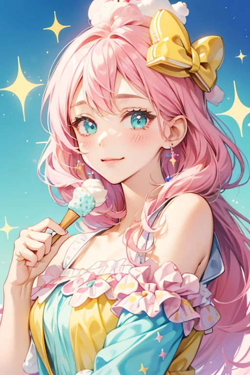 A pale pink cream puff bear with no cream in the middle, but covering her head is pale blue, glittery icing and a chiffon bow. She sticks her tongue out from her sideways smile, and has rosy cheeks. SPARKLE; GLITTER