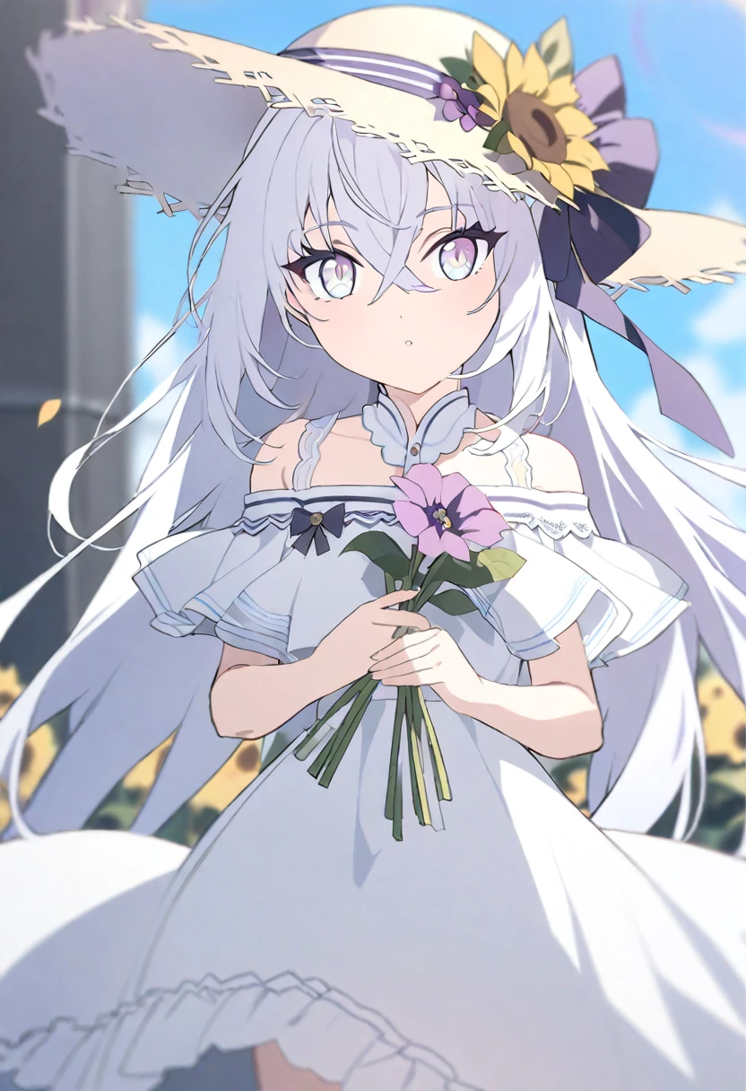   azusa \(blue archive\), 1girl alternate_costume bare_shoulders blurry cowboy_shot crossed_bangs depth_of_field dress facing_viewer flower grey_eyes hair_flower hair_ornament hat holding holding_flower long_hair off-shoulder_dress off_shoulder purple_flower solo straw_hat sunflower white_dress white_hair yellow_hat