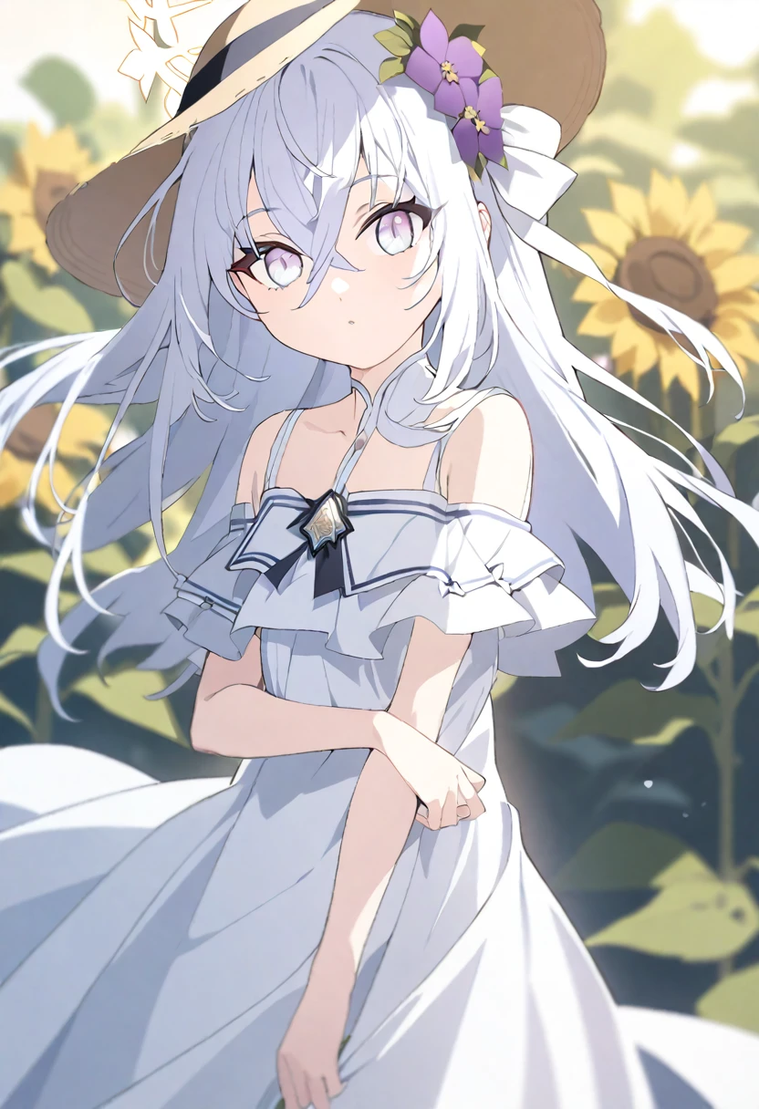   azusa \(blue archive\), 1girl alternate_costume bare_shoulders blurry cowboy_shot crossed_bangs depth_of_field dress facing_viewer flower grey_eyes hair_flower hair_ornament hat holding holding_flower long_hair off-shoulder_dress off_shoulder purple_flower solo straw_hat sunflower white_dress white_hair yellow_hat