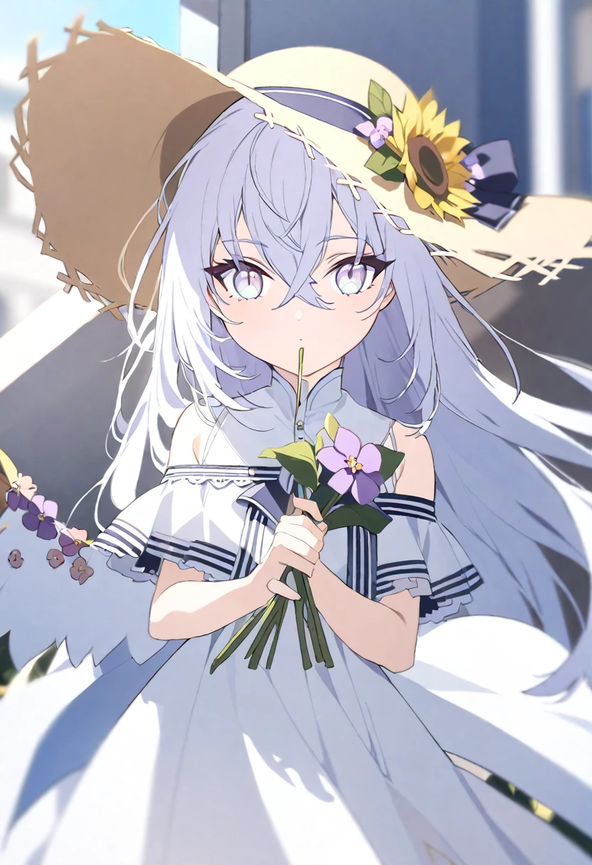  azusa \(blue archive\), 1girl alternate_costume bare_shoulders blurry cowboy_shot crossed_bangs depth_of_field dress facing_viewer flower grey_eyes hair_flower hair_ornament hat holding holding_flower long_hair off-shoulder_dress off_shoulder purple_flower solo straw_hat sunflower white_dress white_hair yellow_hat