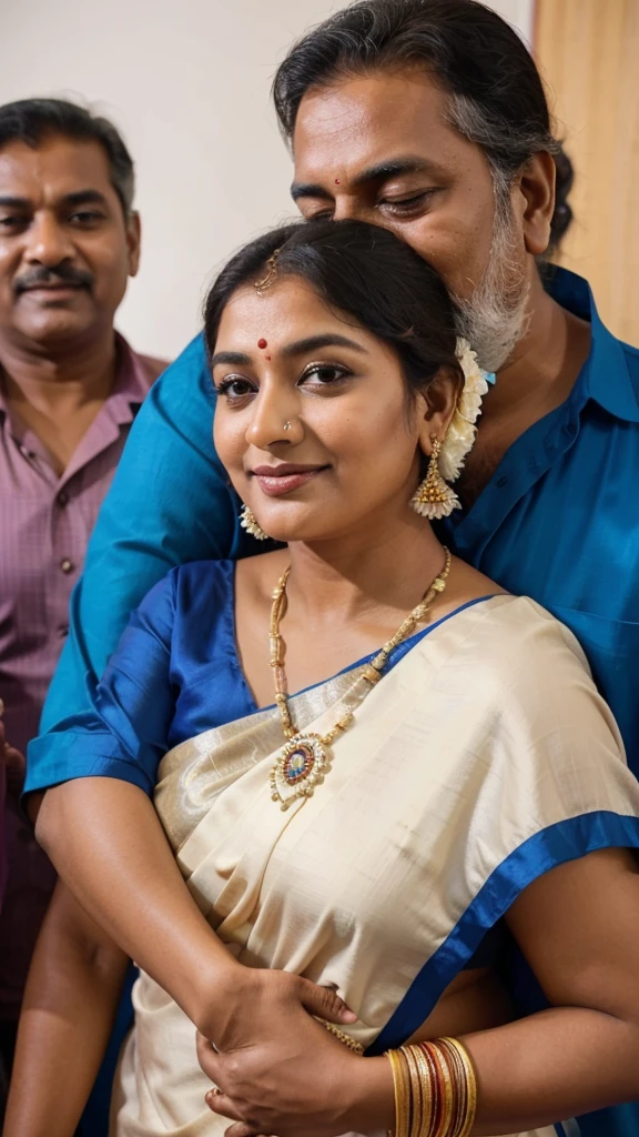 A 50-year-old man  affectionately hugging and kissing on lips of a radiant, full-figured South Indian  45 year old very beautiful bride wearing a cream silky saree and blue blouse in  office, other people cheering next to them, captured in a full-body image with vibrant hues and meticulous details. Full body image