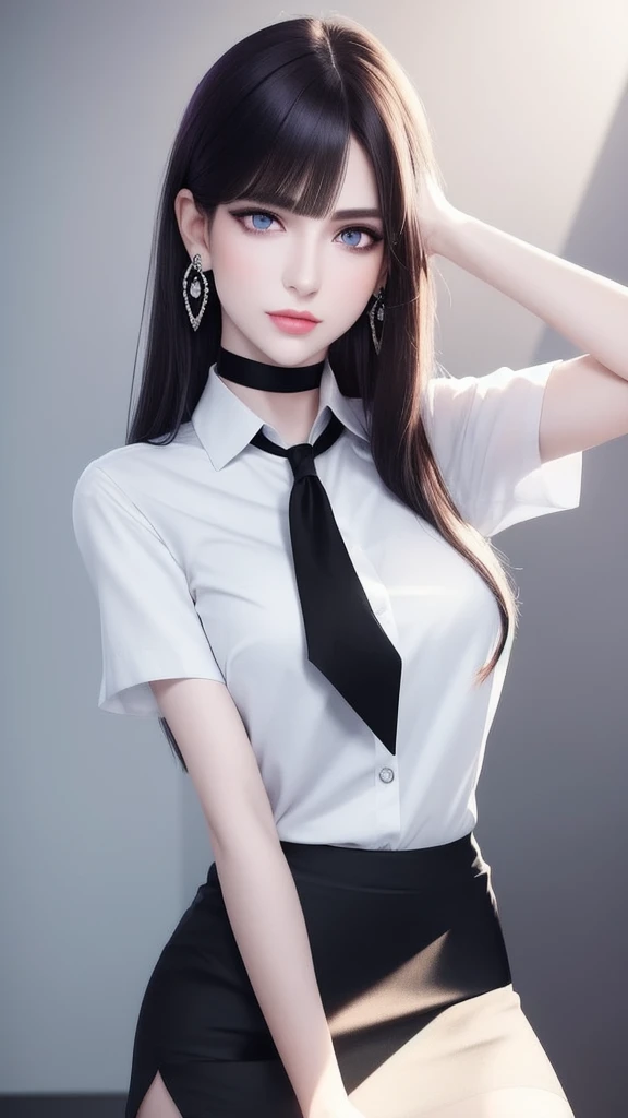 wax statue of a pretty female agent, prettiest facial features, making an elegant gesture, FBMP model pose, barefoot standing on a display base in a dark art gallery as a decoration, (masterpiece, best quality, 1girl, solo, intricate details, chromatic aberration), (realistic),(skin), ((breath)),(dark hair,blunt bangs),detailed hair, red head ornament, blue highlights, hair over one eye,purple eyes, earrings, sharp eyes, choker,((white shirt short sleeve)),((black pencil short skirt)),((symmetry eyes)),((perfect symmetrical body)),(pureerosface_v1:0.3), night,(((natural light))),backlighting,against grey wall, dim lighting, ((centered shot, from front,(face and waist))),