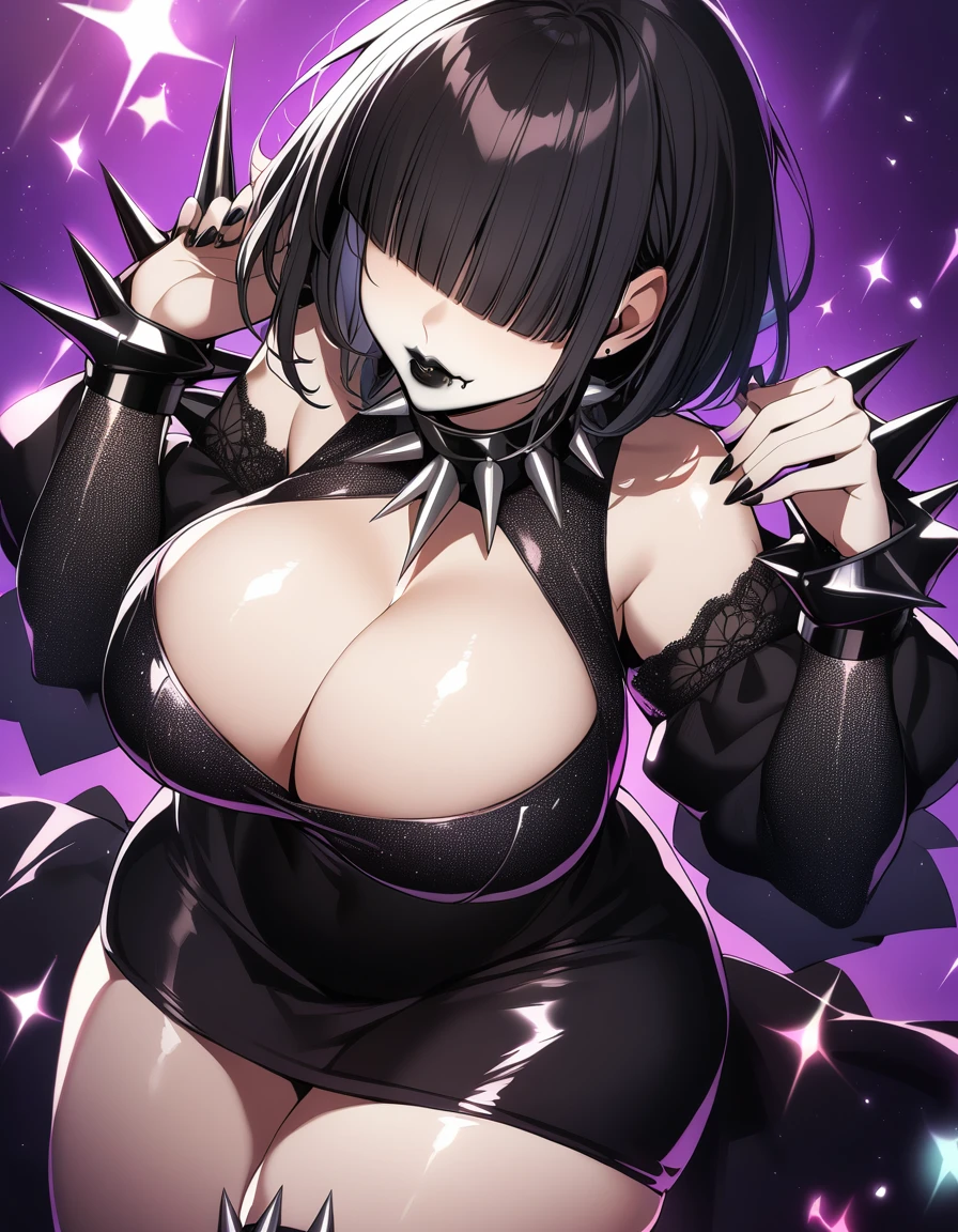 1girl, breasts, hair over eyes, solo, thighs, dress, black dress, black hair, big breasts, cleavage, spikes, black nails, bangs, jewelry, bracelet, black lips, spiked collar, highlighted sleeves, thick thighs, goth, zettai_ryouiki, short_dress, borrowed_character, glitter, spiked bracelet, collar, curvy, black mid-thigh, blunt_bangs, wide hips, medium_hair, short_hair