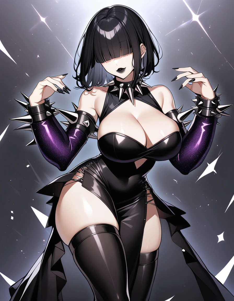 1girl, breasts, hair over eyes, solo, thighs, dress, black dress, black hair, big breasts, cleavage, spikes, black nails, bangs, jewelry, bracelet, black lips, spiked collar, highlighted sleeves, thick thighs, goth, zettai_ryouiki, short_dress, borrowed_character, glitter, spiked bracelet, collar, curvy, black mid-thigh, blunt_bangs, wide hips, medium_hair, short_hair
