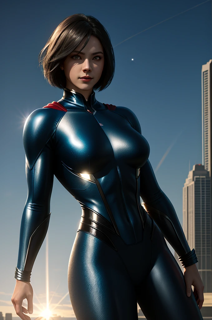 Superman female version.
Young woman dressed in tights, Short bob style hair, blue eyes,
- Entirely white and red fitted suit - suit that enhances female anatomy, 
- Standing, with a firm and confident posture, big hips, big buttocks, small waist, big chest, flying over a city with a determined look.
- In a sensual pose, ready for action, with one arm extended and the other flexed.
- Sensual and mischievous look, transmitting lust .
- A soft but confident smile can add warmth and bring the character closer.
- A cosmic scene with planets and stars, showing your connection to the universe.
- A night landscape,
- Soft, warm light that highlights the textures and details of the suit.
- Shadows that accentuate the muscles and figure, creating a dramatic contrast.
- Light effects that suggest energy and power emanating from the character.
- Hair blowing in the wind, adding dynamism.
- Visual effects such as flashes of light or auras that enhance your power.
- Add moving elements, like hair, to give life and energy to the image.
