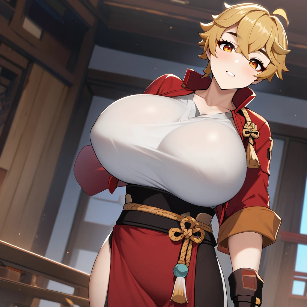 Thoma(genshin impact),1girl,solo,orange eyes color,super huge breasts,looking at viewer,near,standing up,in room